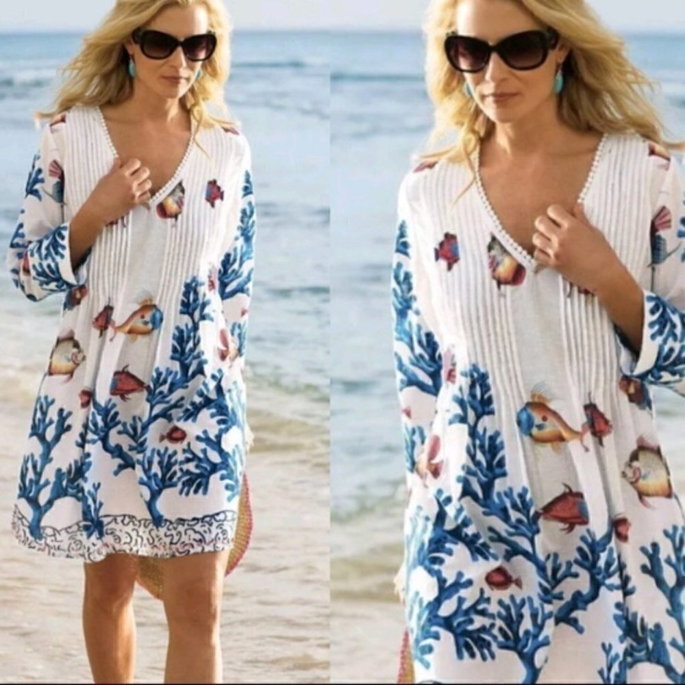 Soft Surroundings Seychelles Bead Trim White Fish and Coral Print Tunic PM - Picture 2 of 8